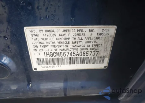 2005 Honda Accord 2.4 Ex из США, поврежденный, VIN 1HGCM56745A085737